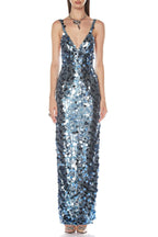 Roberta Deep V-Neck Sequin Column Gown In Blue Flowering Girl
