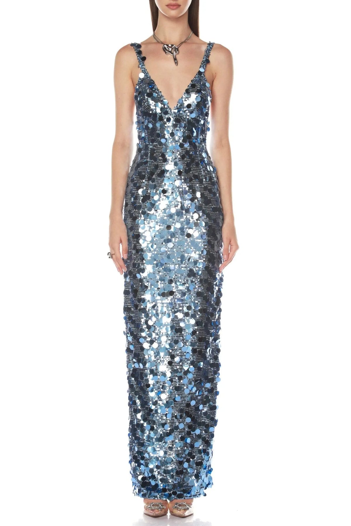 Roberta Deep V-Neck Sequin Column Gown In Blue Flowering Girl