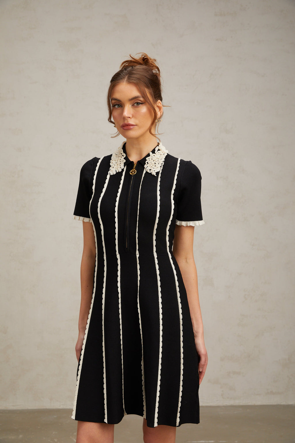 Zazie Black Vertical-Striped Ruffle-Trim Knit Mini Dress Flowering Girl