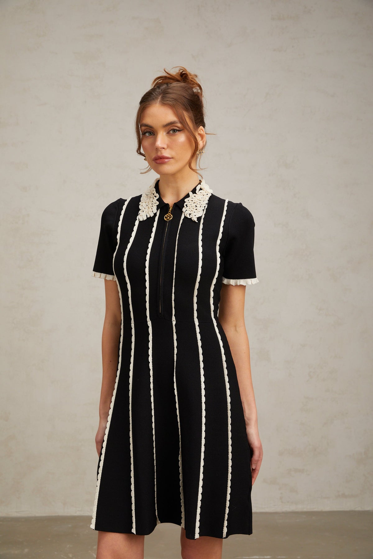 Zazie Black Vertical-Striped Ruffle-Trim Knit Mini Dress Flowering Girl