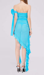 Ruffle Rosette Mesh Midi Dress In Blue Flowering Girl