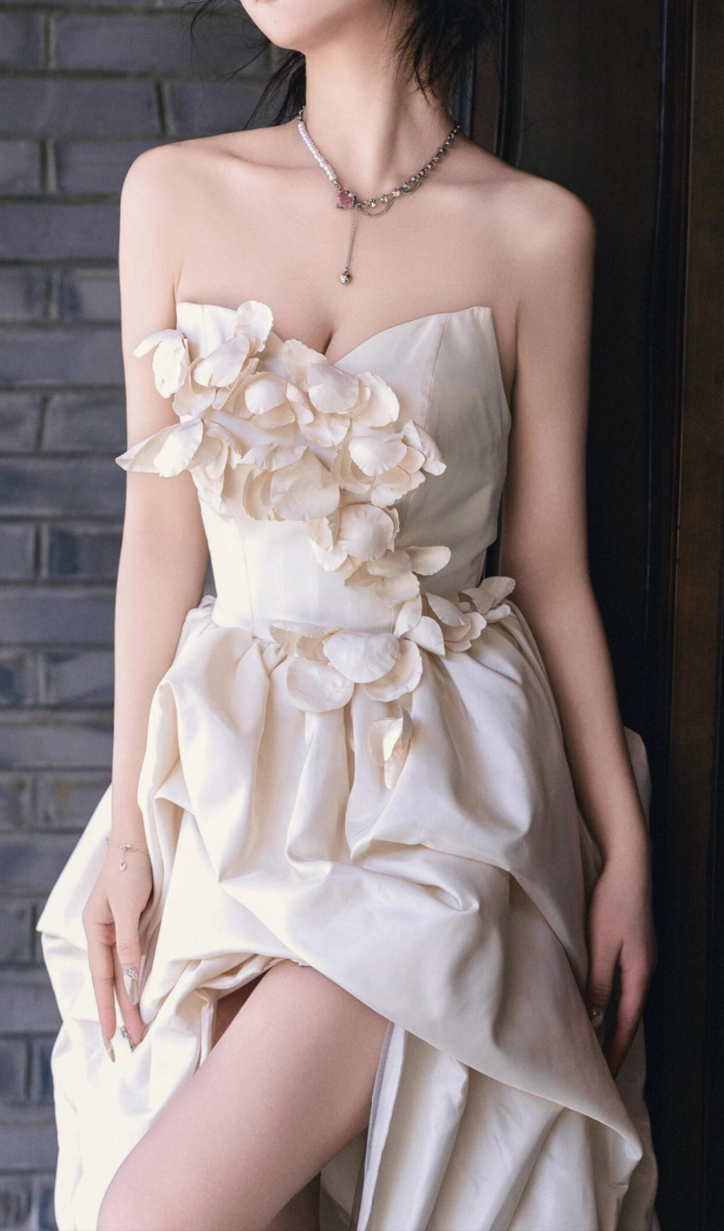 Dalal White Strapless Petal Wedding Dress Flowering Girl