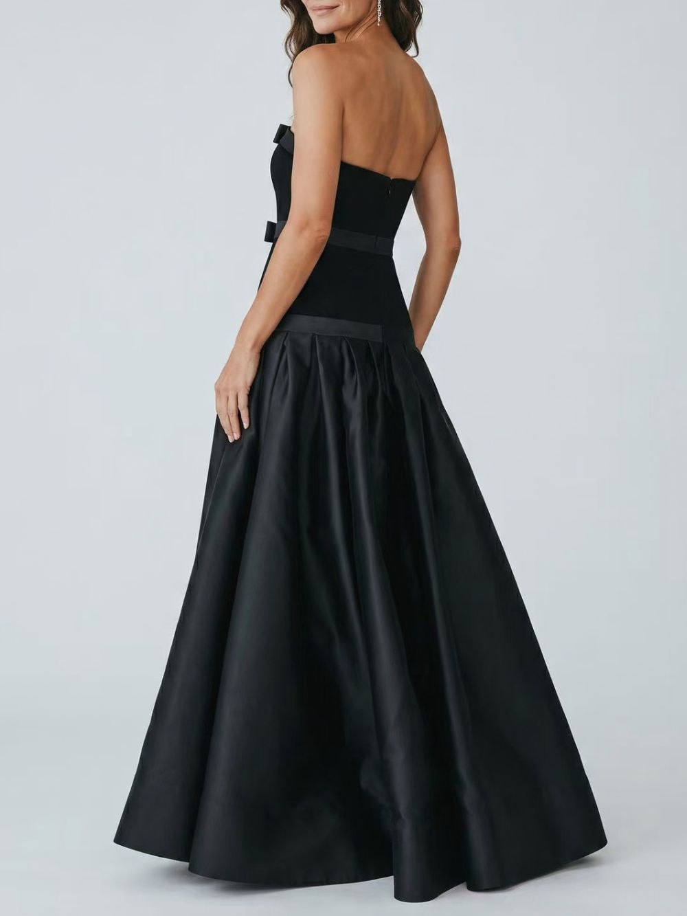 Strapless Bow Detail A Line Maxi Dress Black Flowering Girl