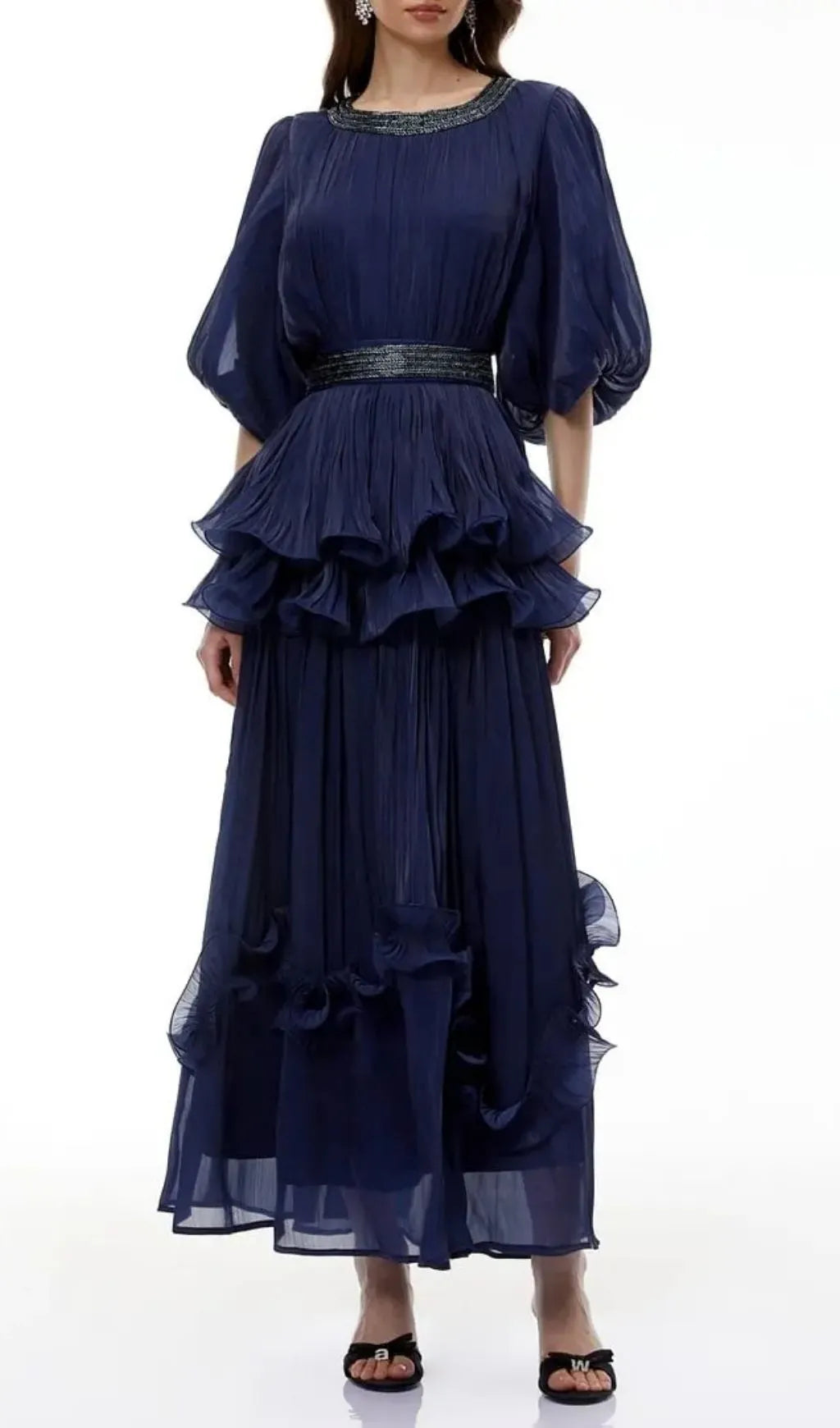Lorraine Navy Blue Embellished Pleated Maxi Dress Flowering Girl