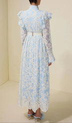 Alma Chiffon Embroidered Single Breasted Midi Dress With Belt - Blue Flowering Girl