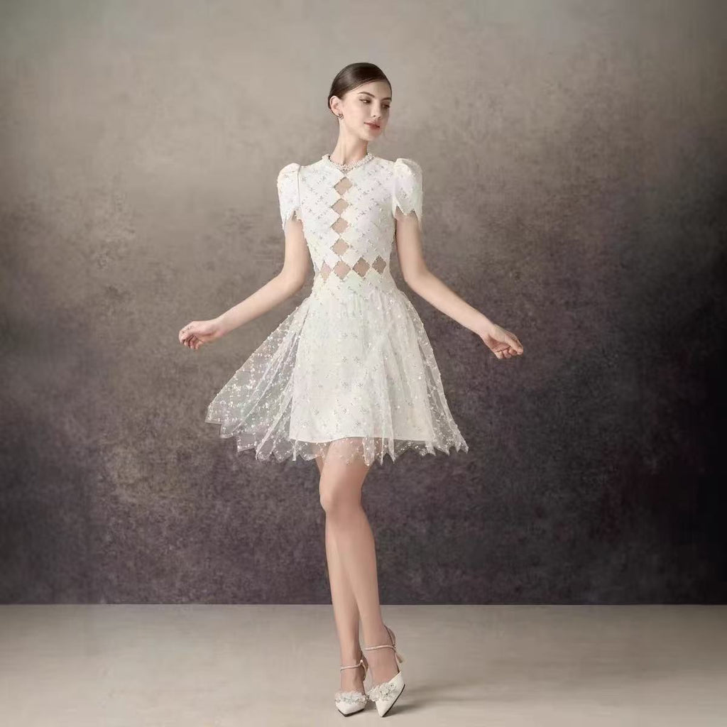 Henrietta Ivory Sequin Mini Dress With Mesh Panels Flowering Girl