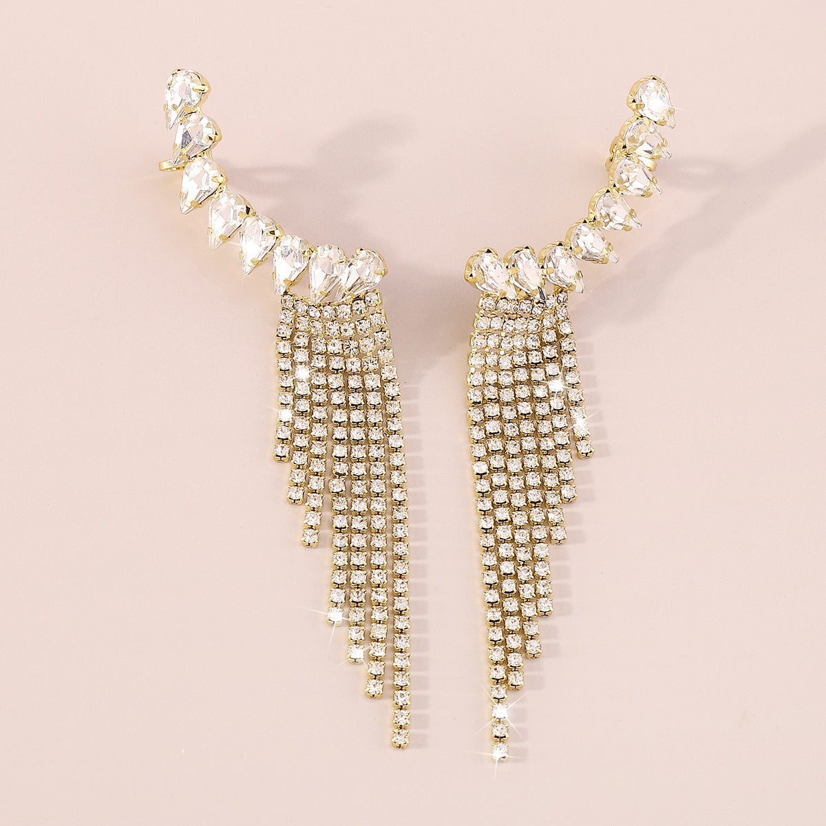 Gold Rhinestone Tassel Geometric Earrings Flowering Girl