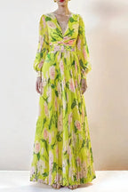 V-Neck Silk Printed Pleated Maxi Dress In Yellow Flowering Girl