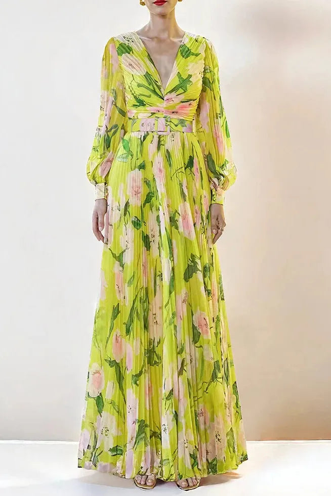 V-Neck Silk Printed Pleated Maxi Dress In Yellow Flowering Girl