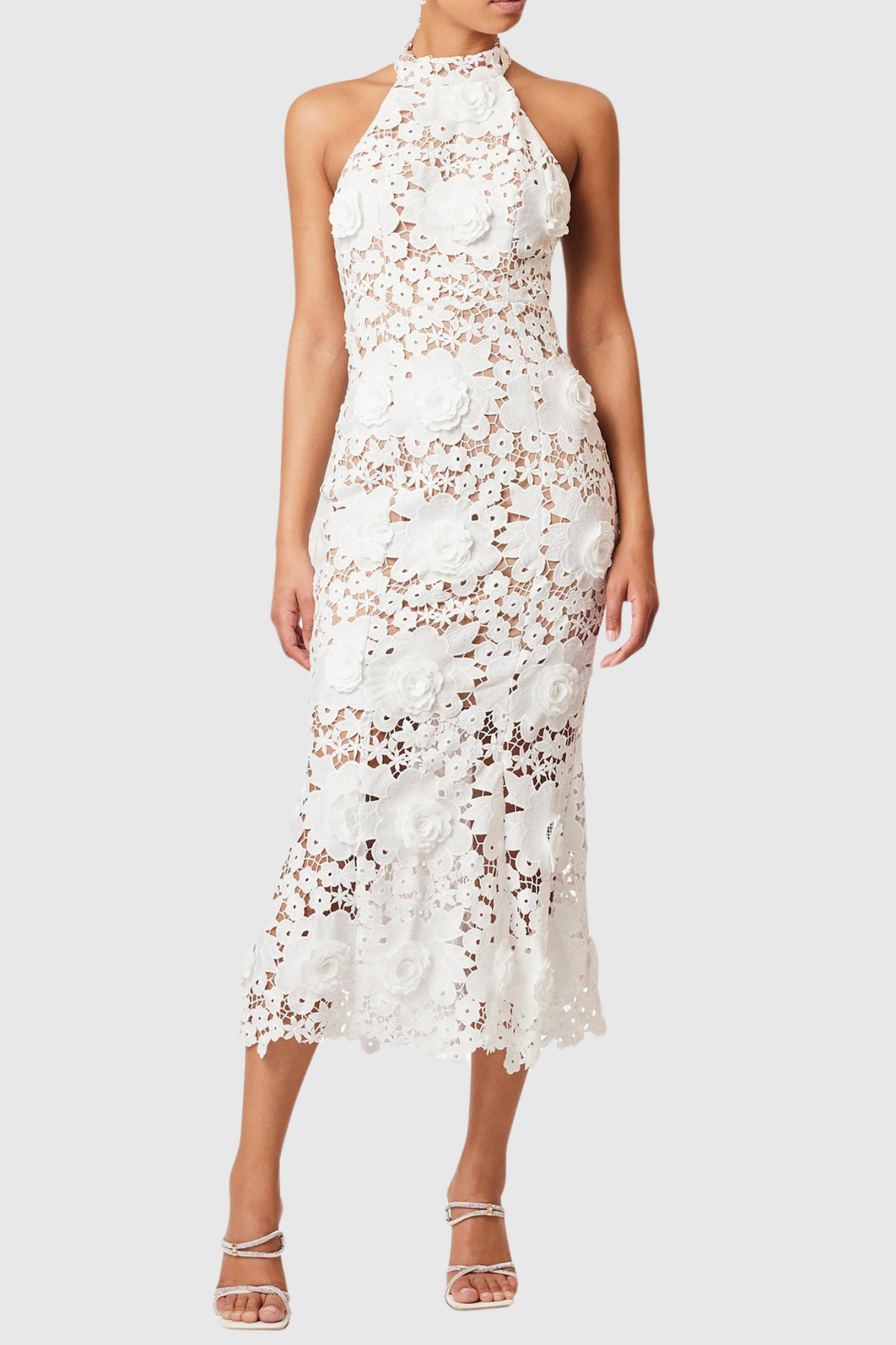 Shyheim Floral Appliqué Lace Halter Midi Dress Flowering Girl