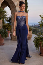 Navy Sequin Mermaid Evening Gown, Halter Choker Formal Maxi Dress Flowering Girl