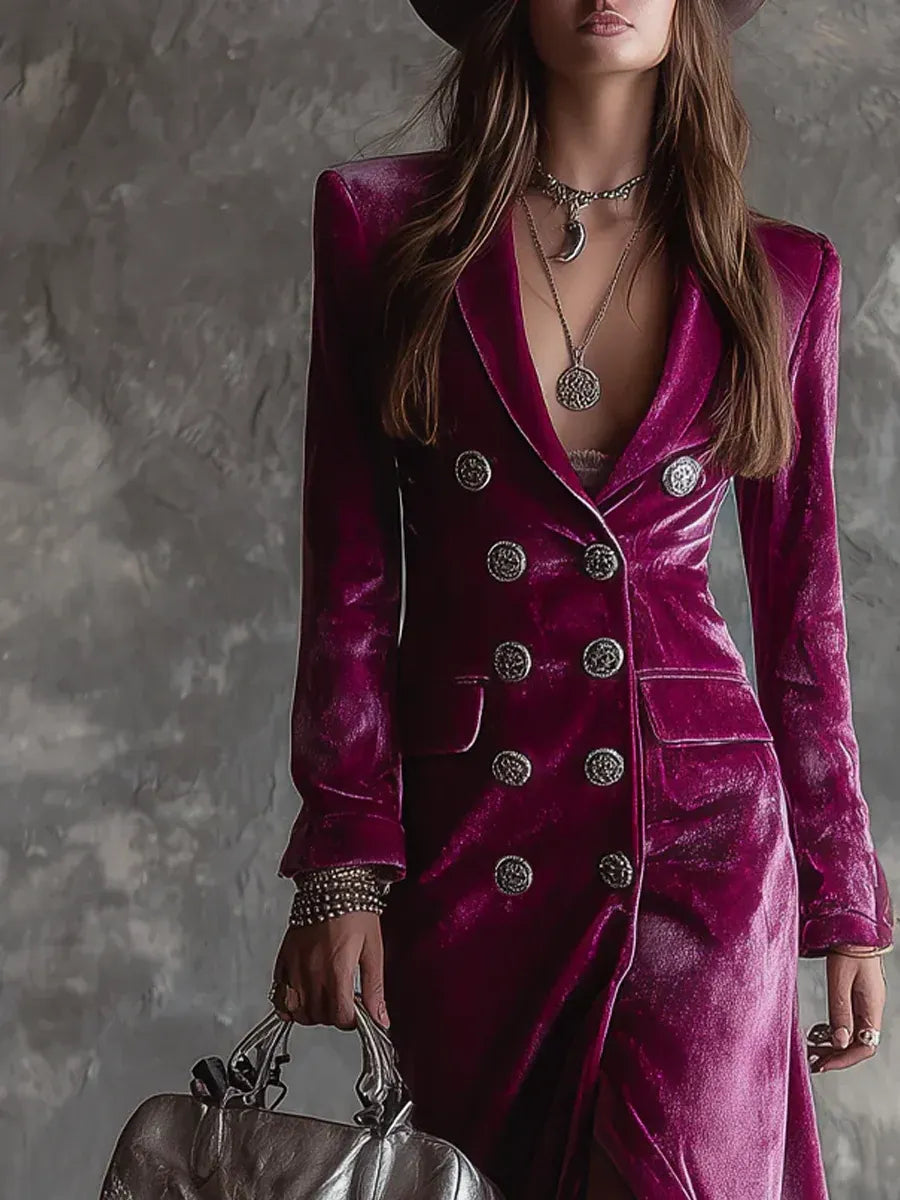 Purple Button-Down Velvet Long Blazer Maxi Dress Flowering Girl