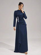 Beulah Long Sleeves With Beading Pleated Maxi Dress In Blue Flowering Girl