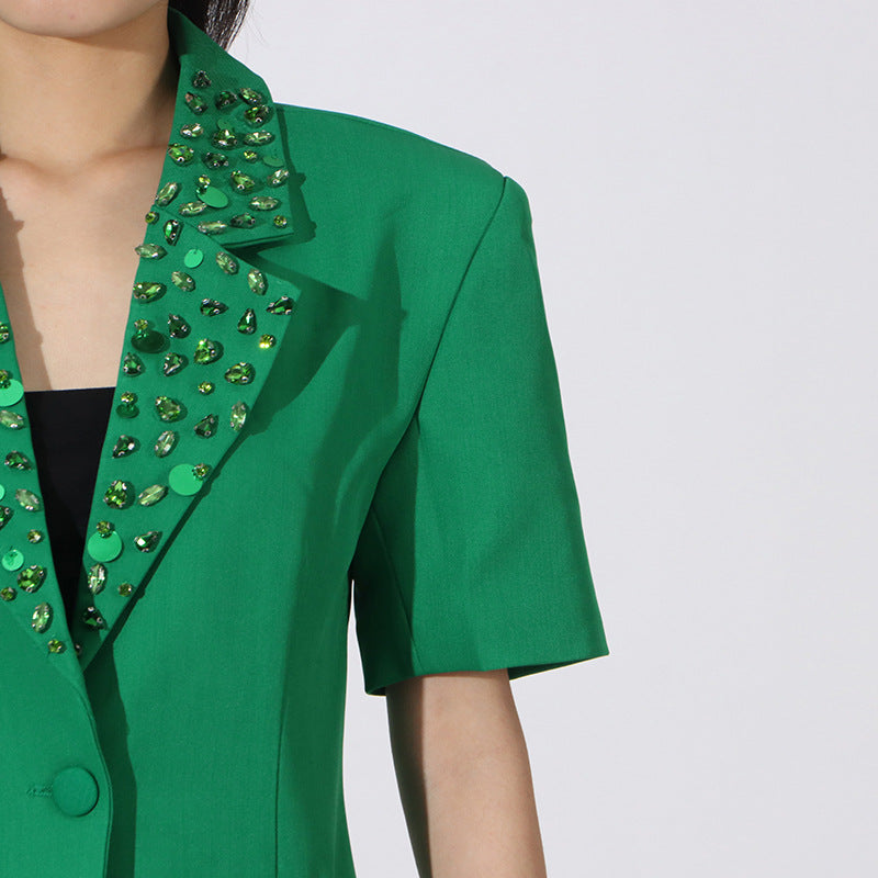 Green Flower Embellished Blazer With Wide-Leg Trousers Set Flowering Girl