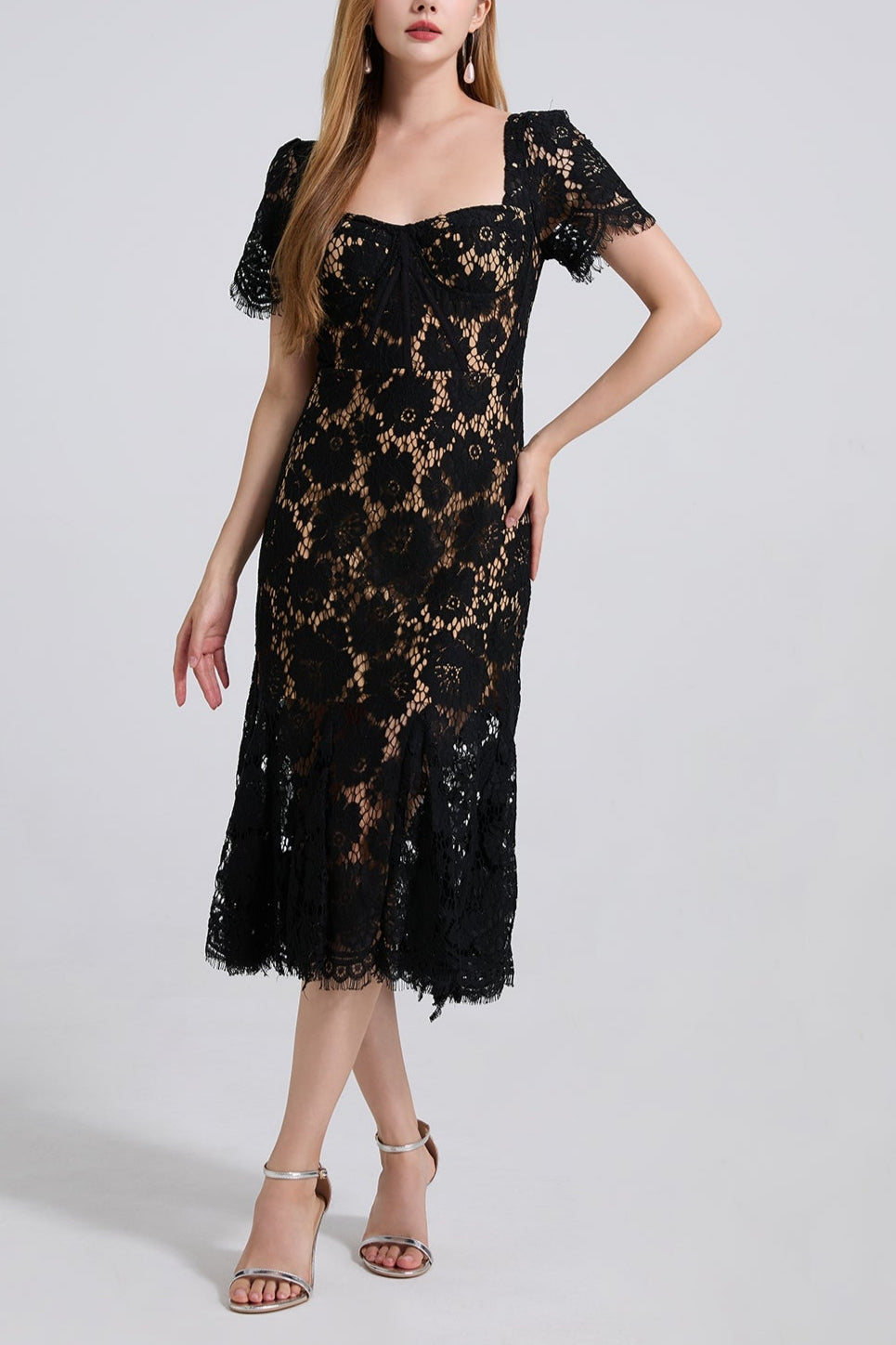 SQUARE NECK LACE MIDI DRESS IN BLACK Flowering Girl