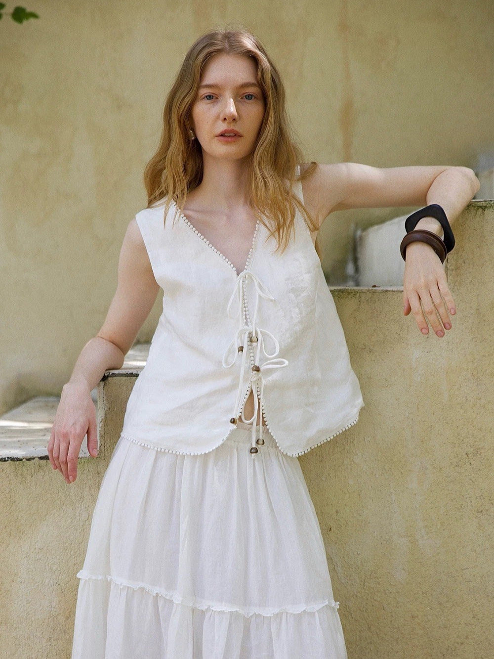 Beaded Linen Lace-Up Access Vest Flowering Girl