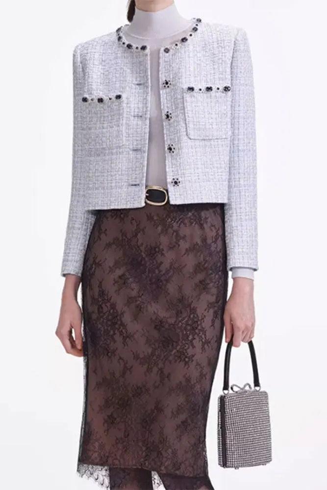Zenobia Pale Blue Beaded Embellished Tweed Jacket Flowering Girl