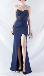 Chizue Navy Strapless Corset Split Maxi Dress Flowering Girl