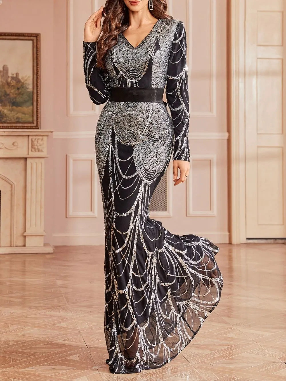 Mayana Black Sequin Long Sleeve Maxi Dress Flowering Girl