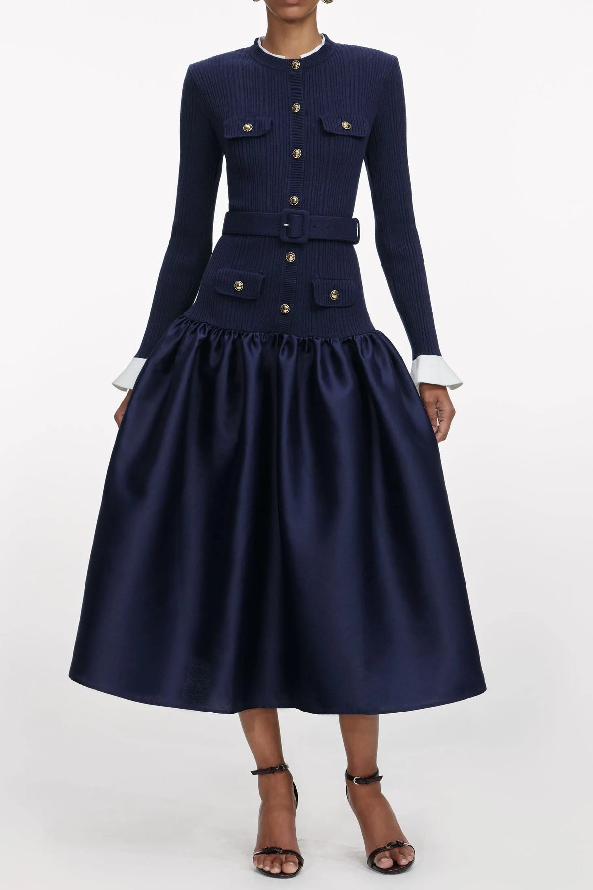 Jane Navy Knit Taffeta Midi Dress Flowering Girl