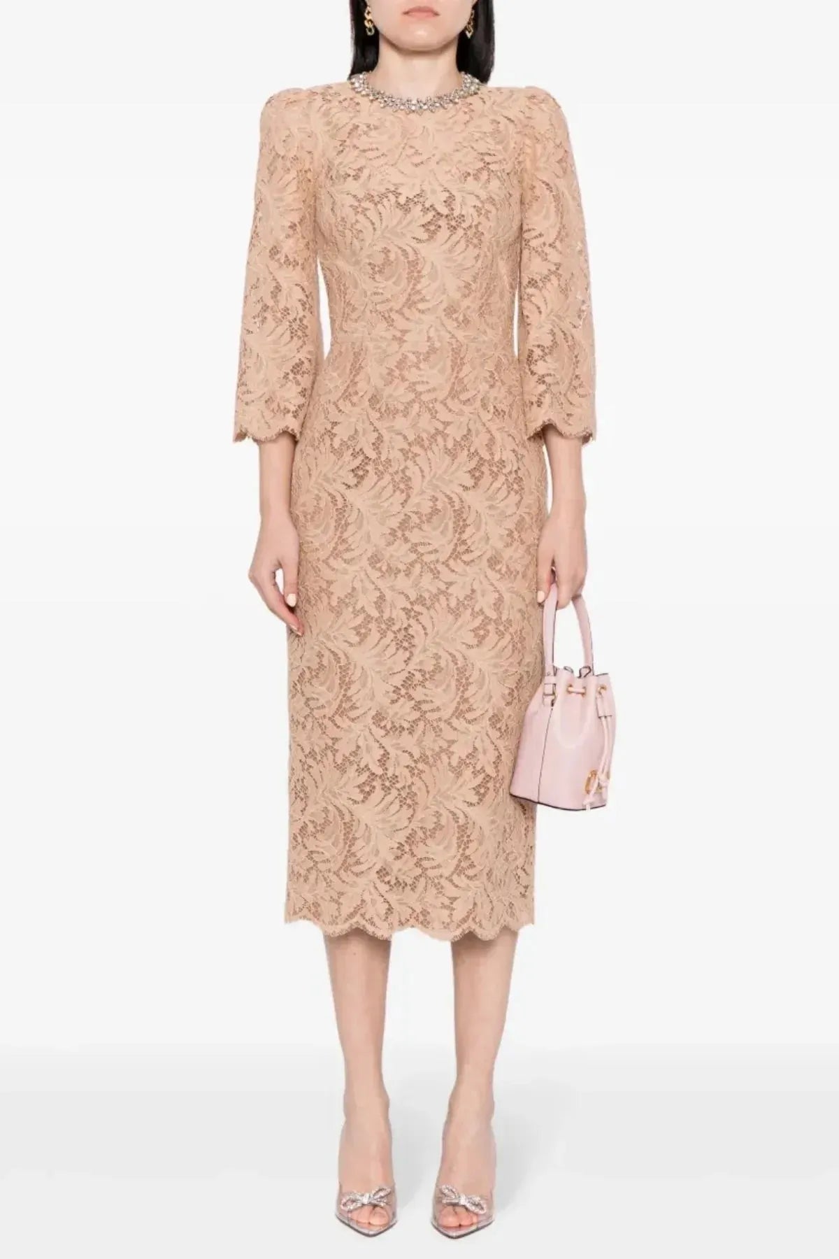 Acotas Lace Crystal-Embellished Midi Dress - Nude Flowering Girl