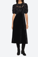 Velvet Puff Sleeve Embroidered Midi Dress In Black Flowering Girl
