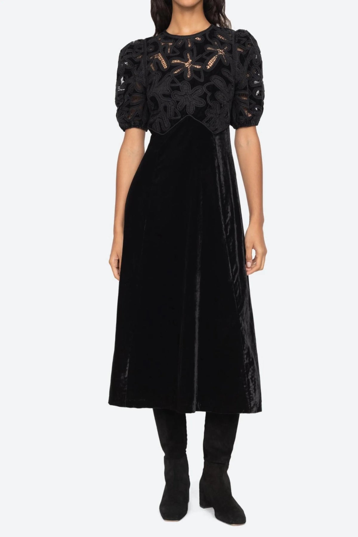 Velvet Puff Sleeve Embroidered Midi Dress In Black Flowering Girl