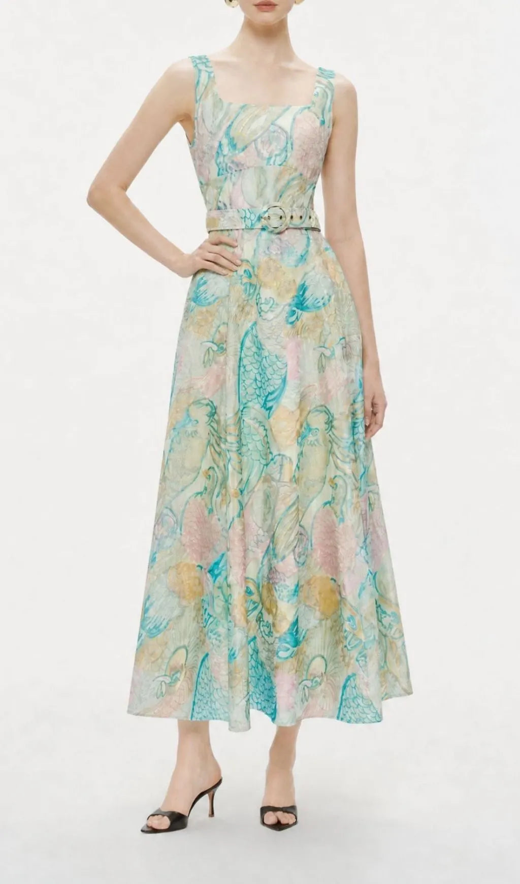 Macklyn Printed Midi Dress With Belt Flowering Girl
