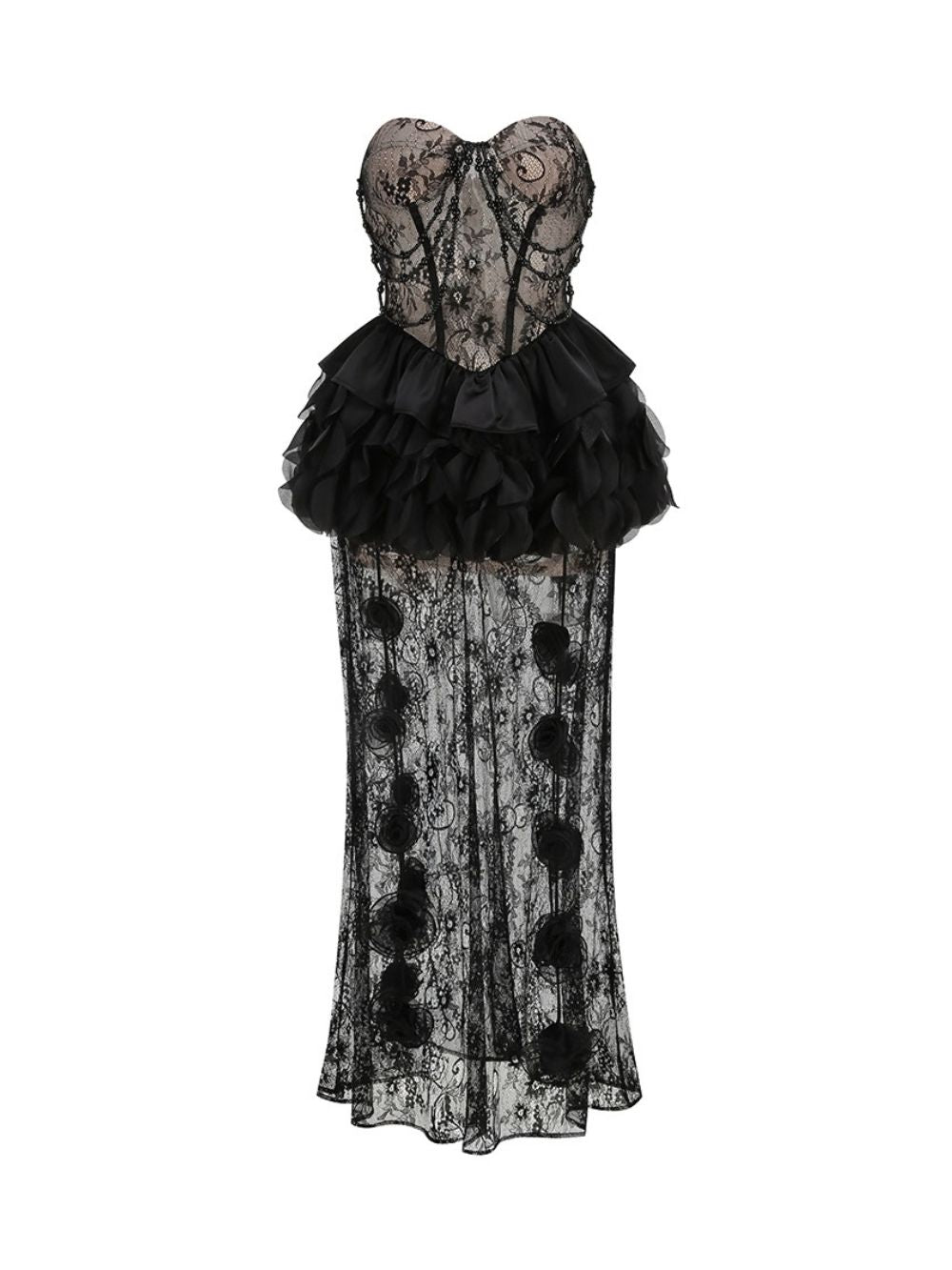 Strapless Petal Detail Lace Maxi Dress Black Flowering Girl