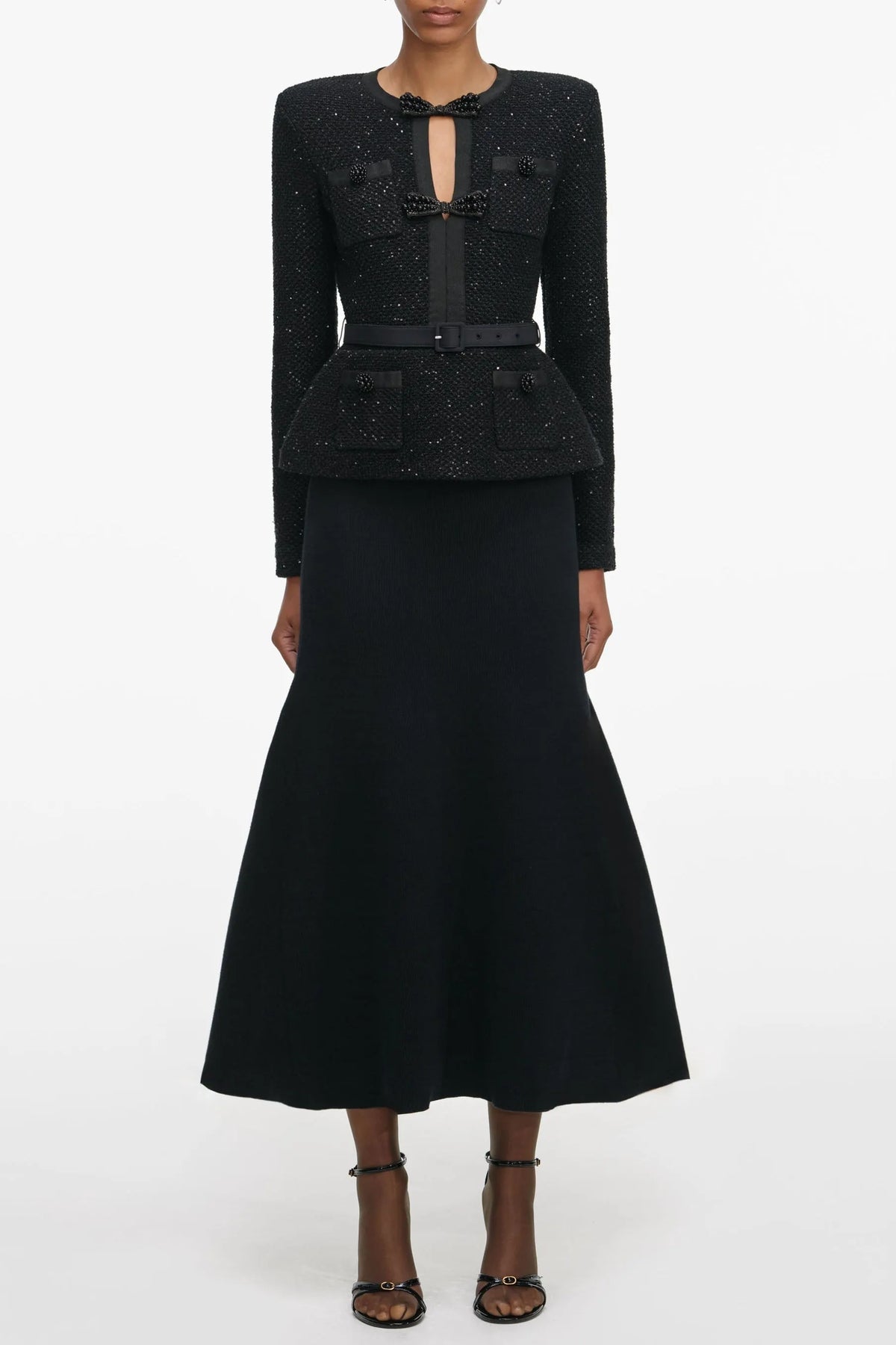 Molly Black Sequin Knit Tailored Midi Dress Flowering Girl