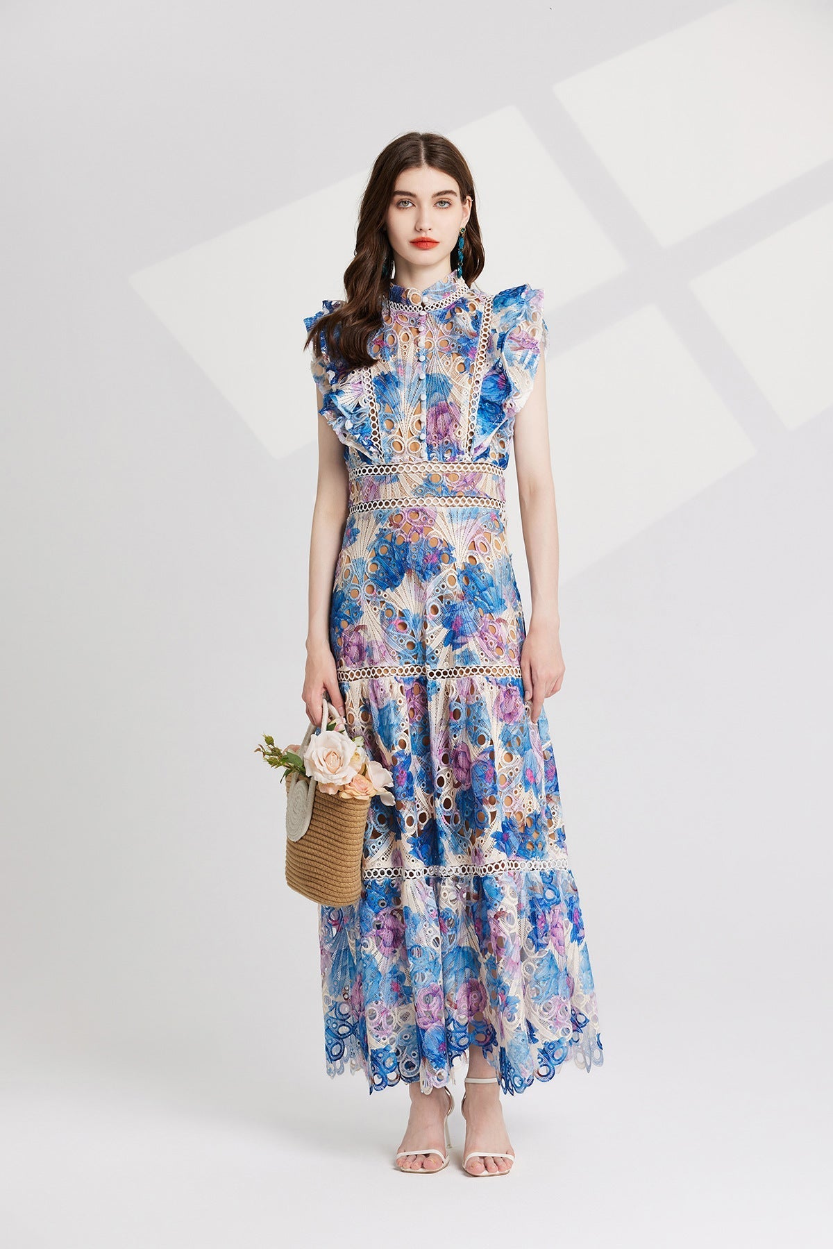 chloe hollow out flower embroidery maxi dress in blue Flowering Girl