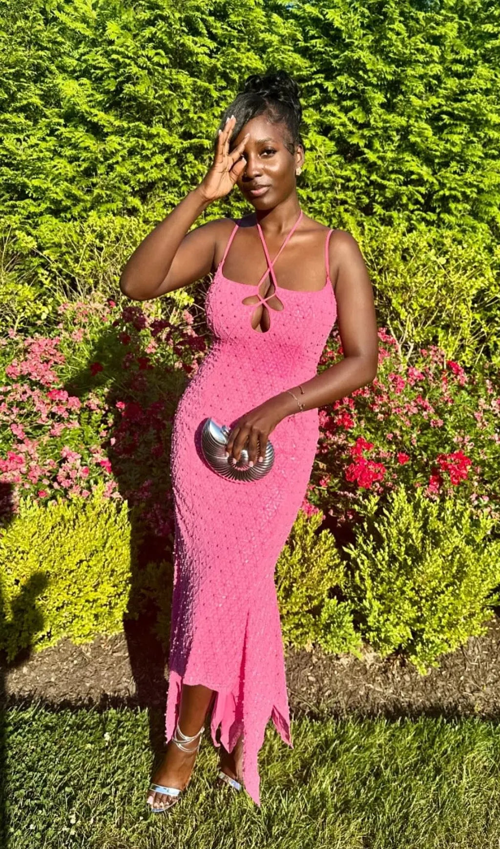Bakwina Pink Pearl Sequin Lace Up Maxi Dress Flowering Girl