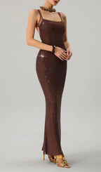 Jouncegrid Backless Rhinestone Maxi Dress In Brown Flowering Girl