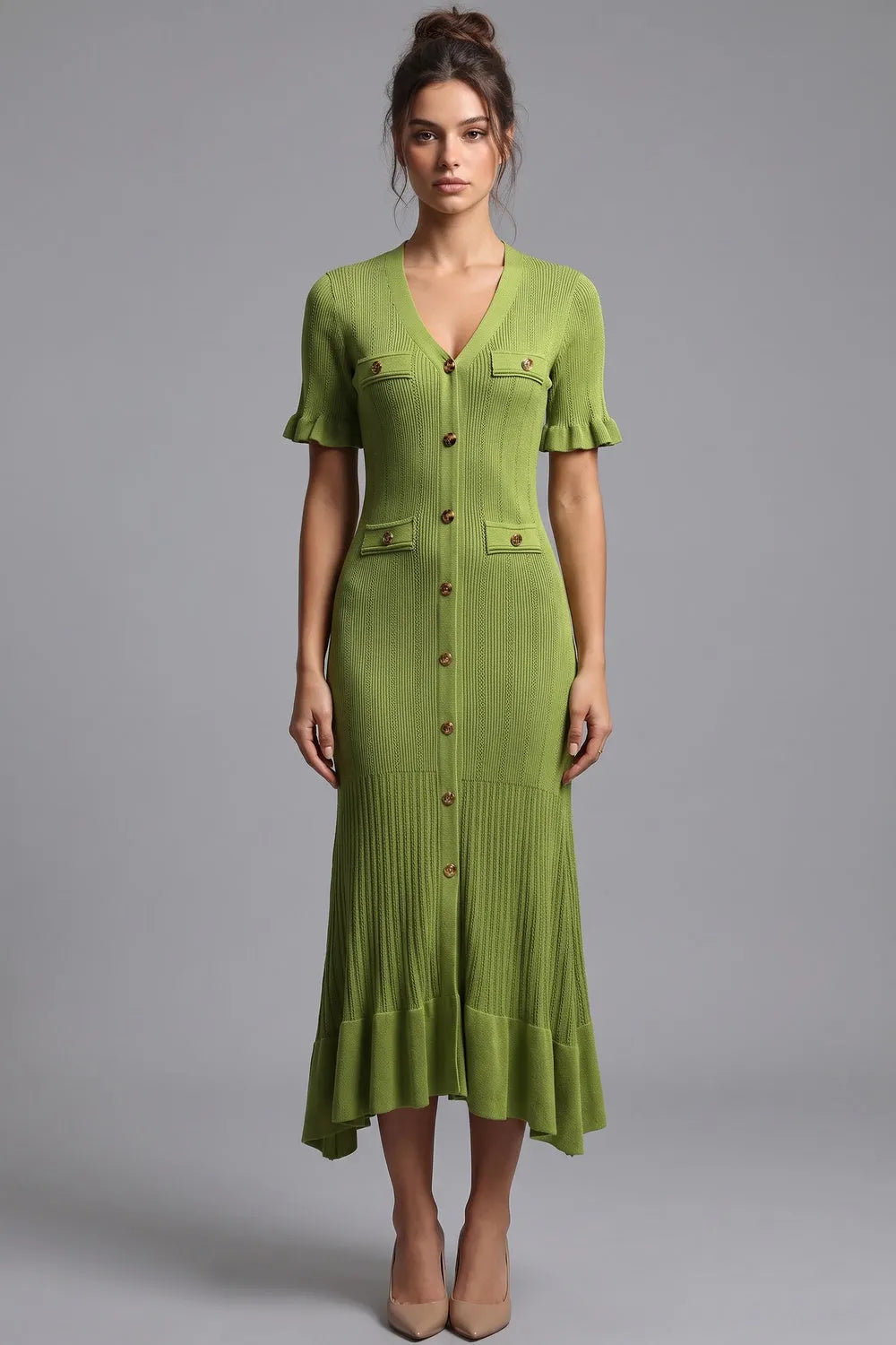 Olive Green Ribbed Knit A-Line Trumpet Midi Dress Flowering Girl