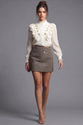 Off-White Dotted Swiss Blouse & Brown Tweed Sequin Mini Skirt Two-Piece Set Flowering Girl