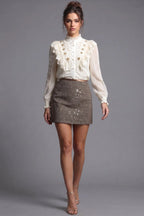 Off-White Dotted Swiss Blouse & Brown Tweed Sequin Mini Skirt Two-Piece Set Flowering Girl