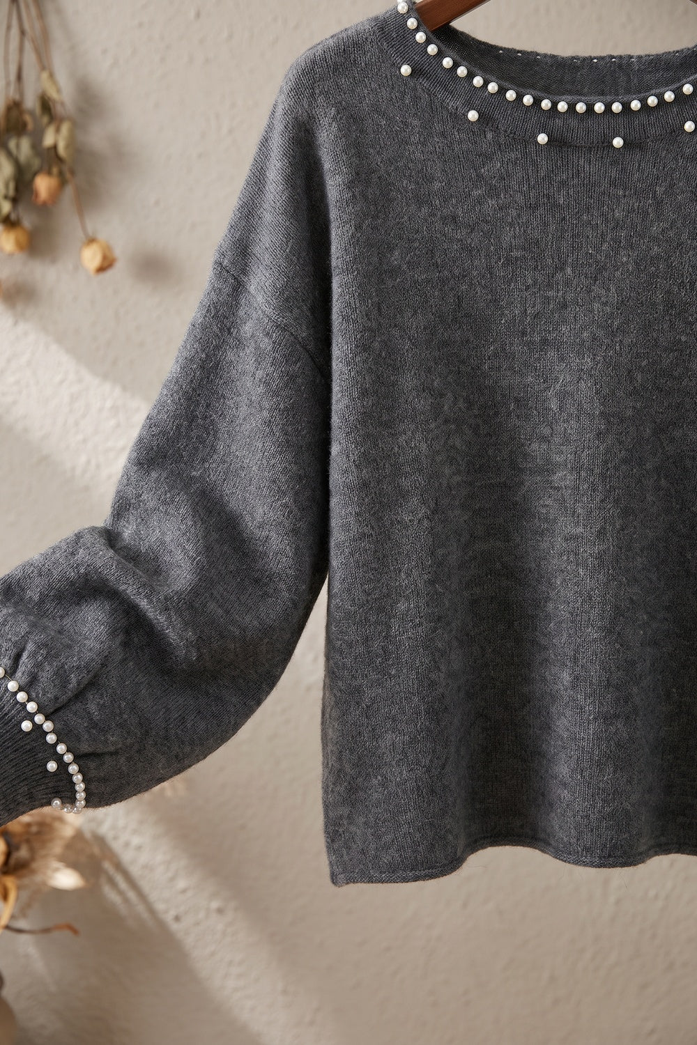 Charcoal Grey Fine-Knit Sweater with Pearl Bead Trim Flowering Girl