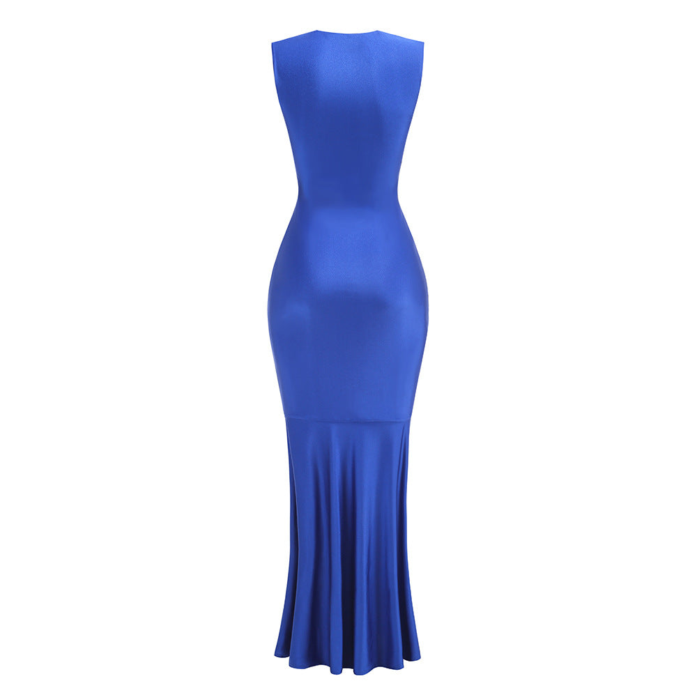 Sleeveless Deep V Neck Shirred Front Fishtail Gown Flowering Girl