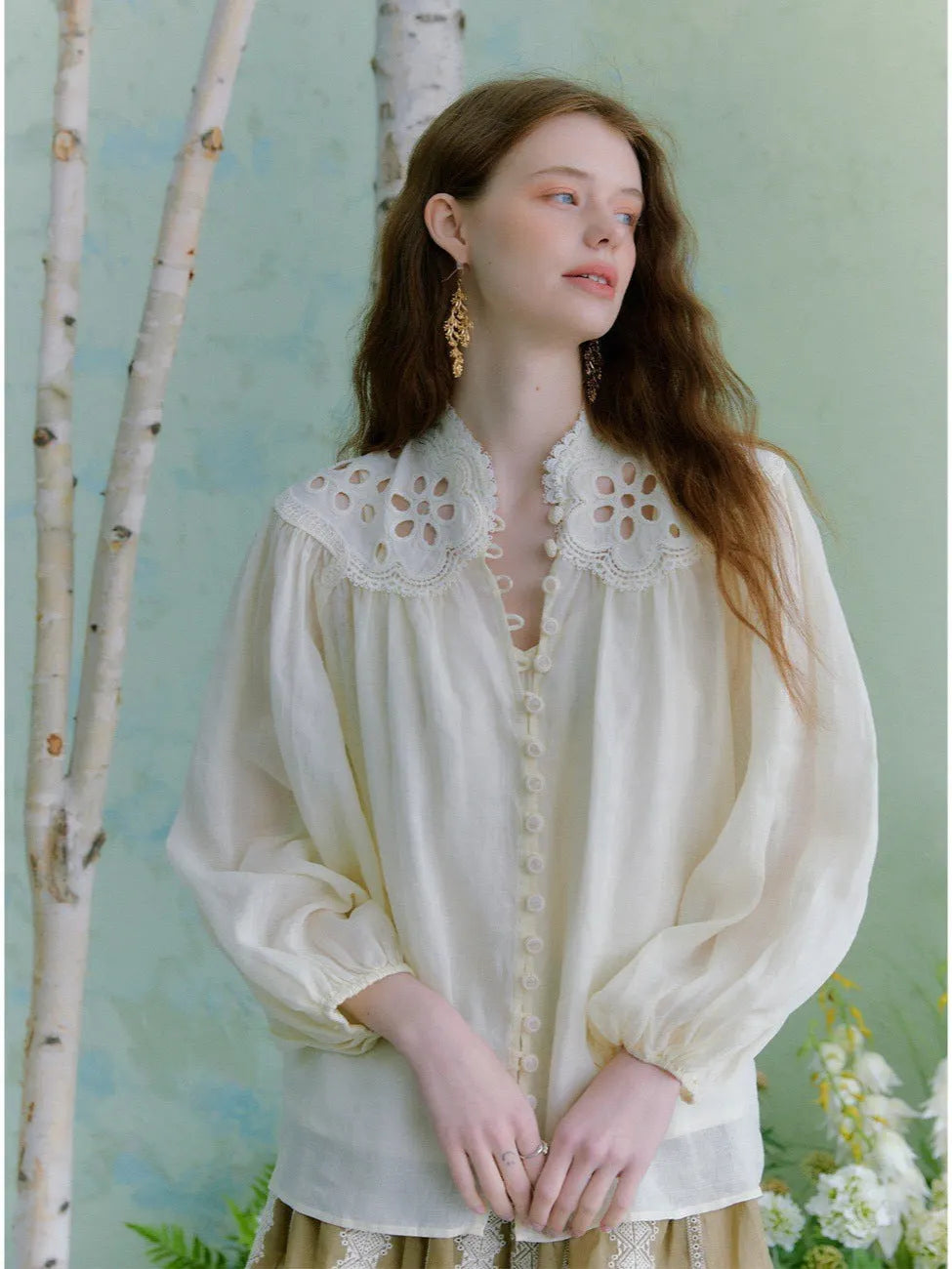 Beige Hollow Embroidered Lantern Sleeve Stand-Collar Ramie Shirt Flowering Girl