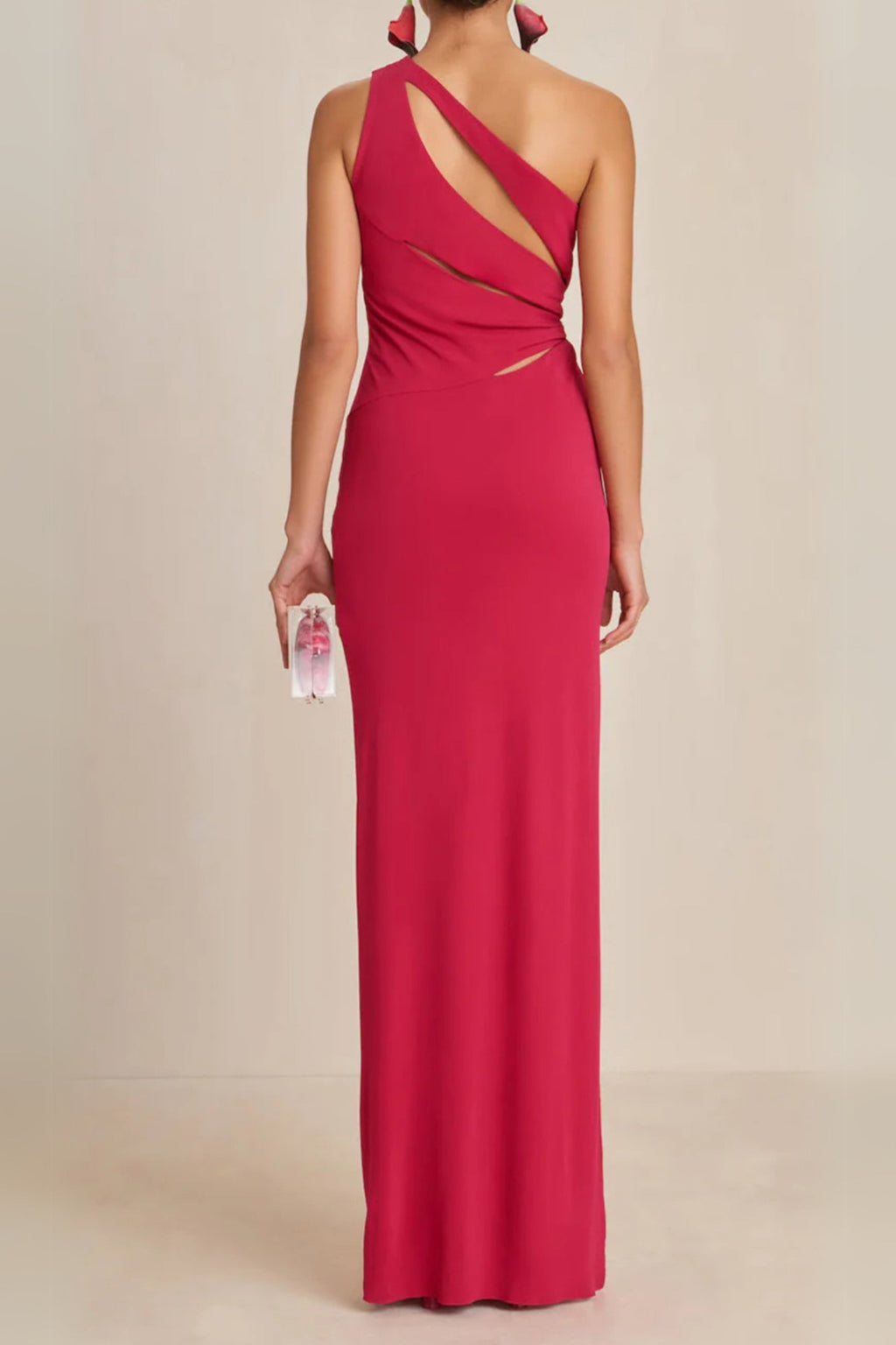 One-Shoulder Cutout Side Slit Maxi Dress In Magenta Flowering Girl