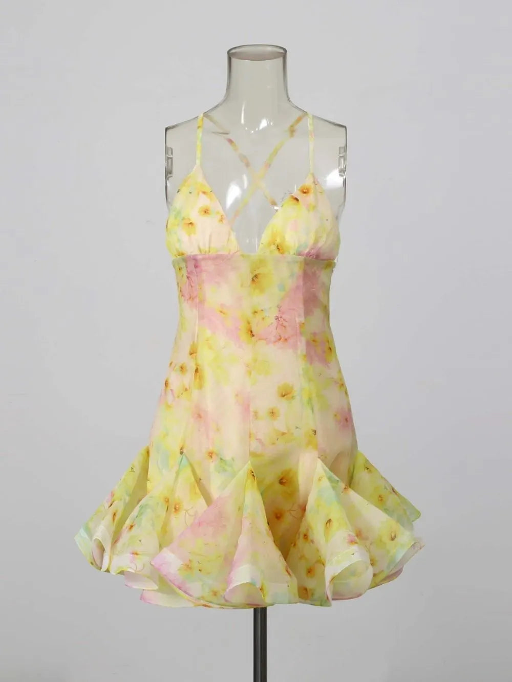 Mane Yellow Printed Mini Dress Flowering Girl
