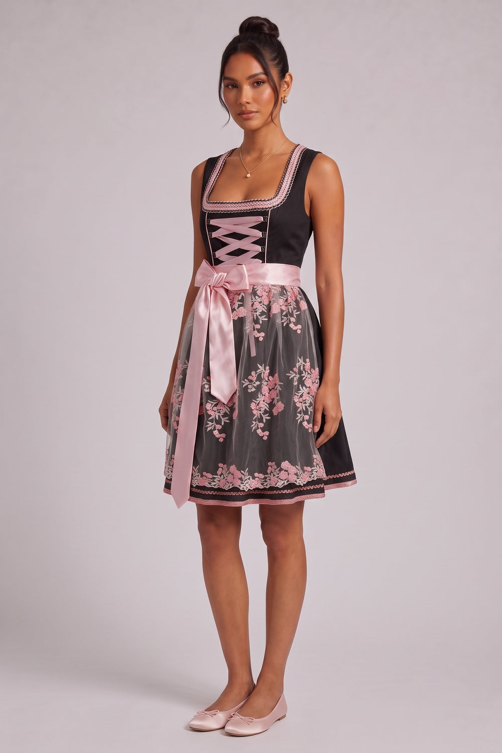 Black Matte Woven Polyester-Cotton Blend Fit-And-Flare Dirndl Dress Flowering Girl
