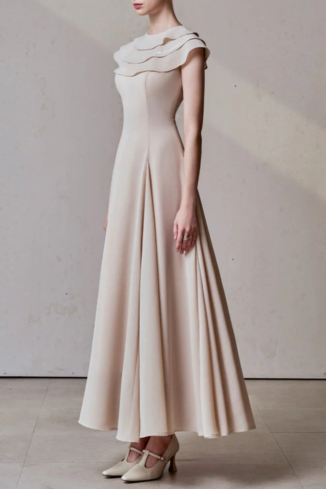 A-Line Jewel Neck Viscose Ankle Maxi Dress In Beige Flowering Girl