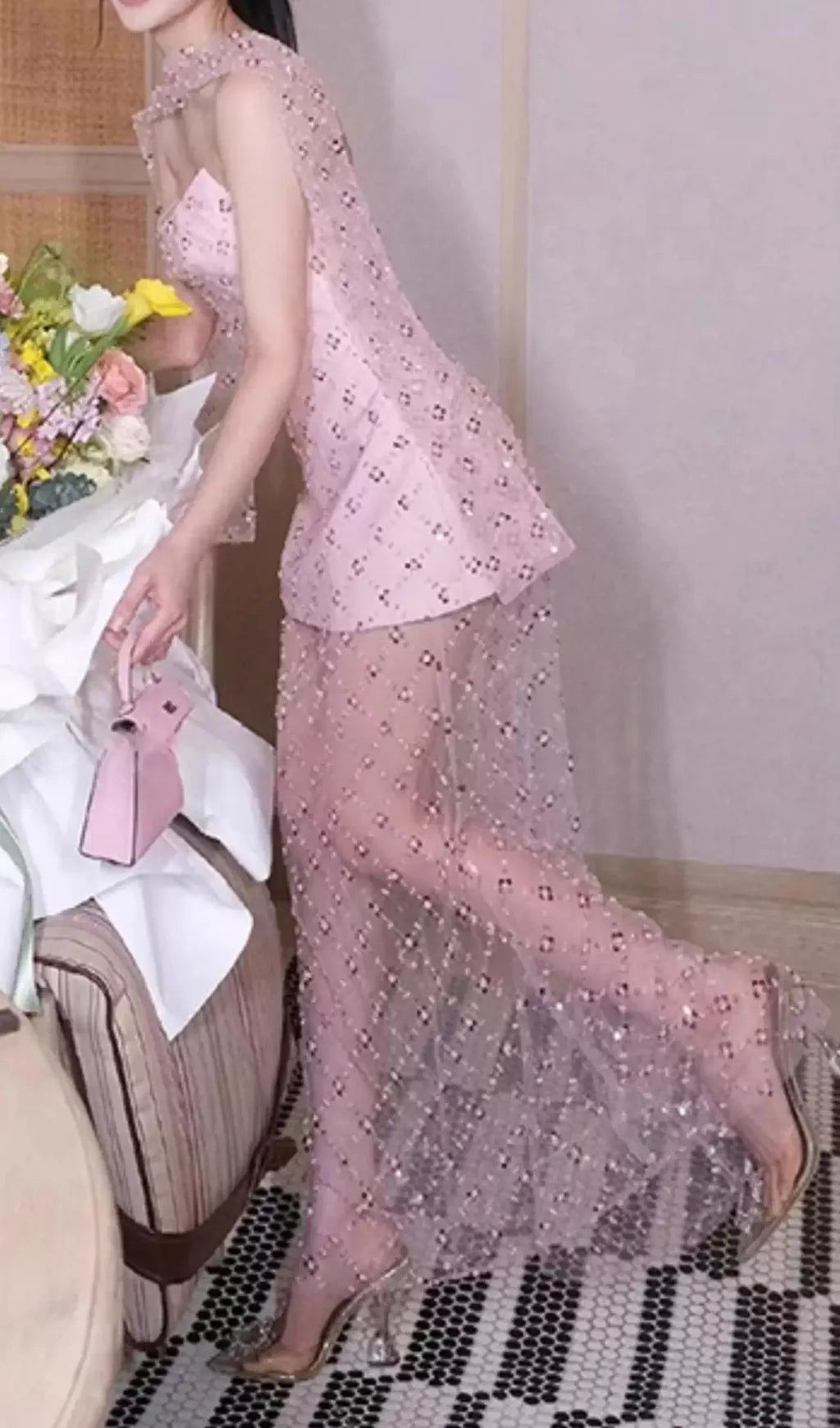 Eckhard Pink Strapless Sequin Maxi Dress With Scarf Flowering Girl