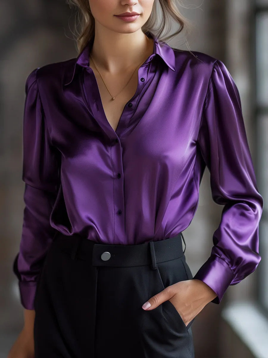 Elegant Black Satin Long Sleeves Blouse Flowering Girl