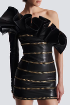 Rantan One Shoulder Asymmetric Leather Ruffle Mini Dress Flowering Girl