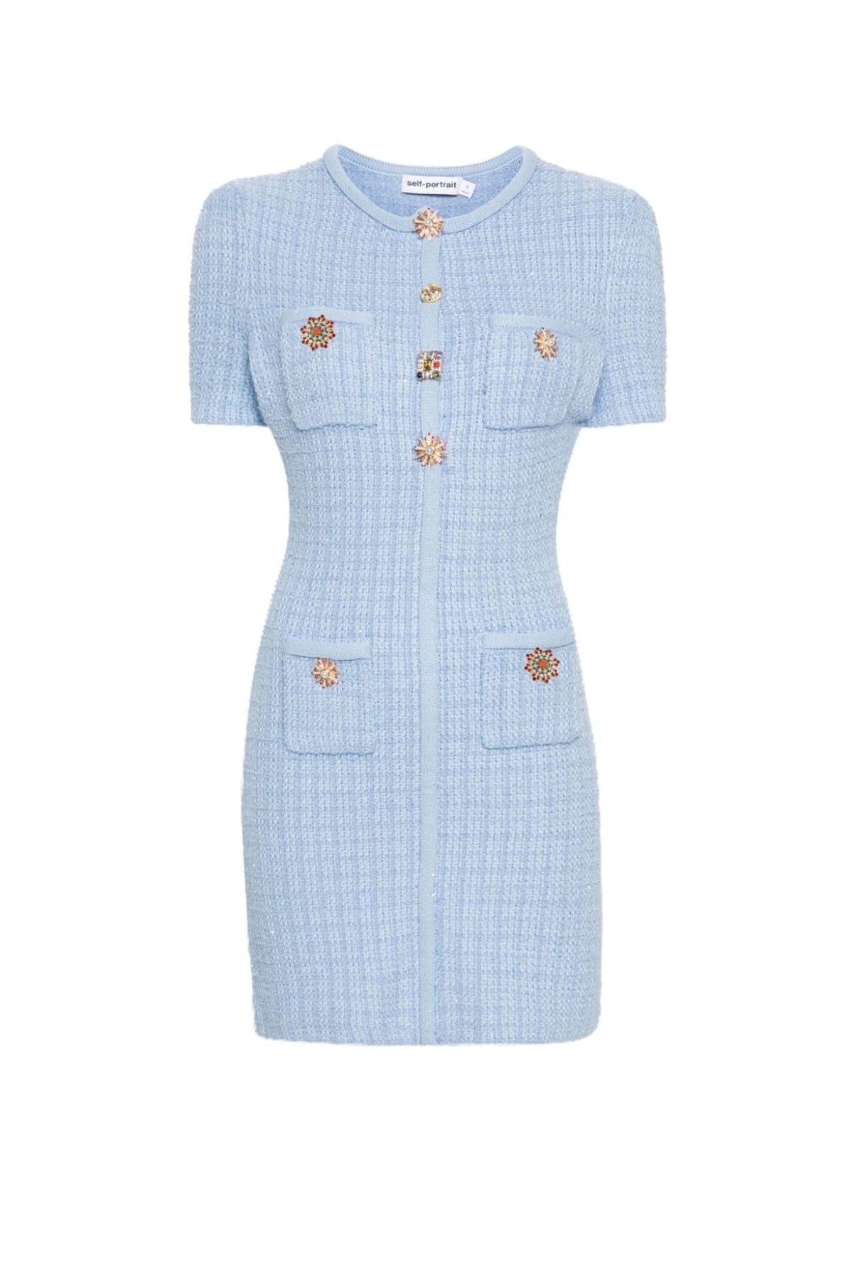 Modesty Beaded Button Knit Mini Dress In Blue Flowering Girl