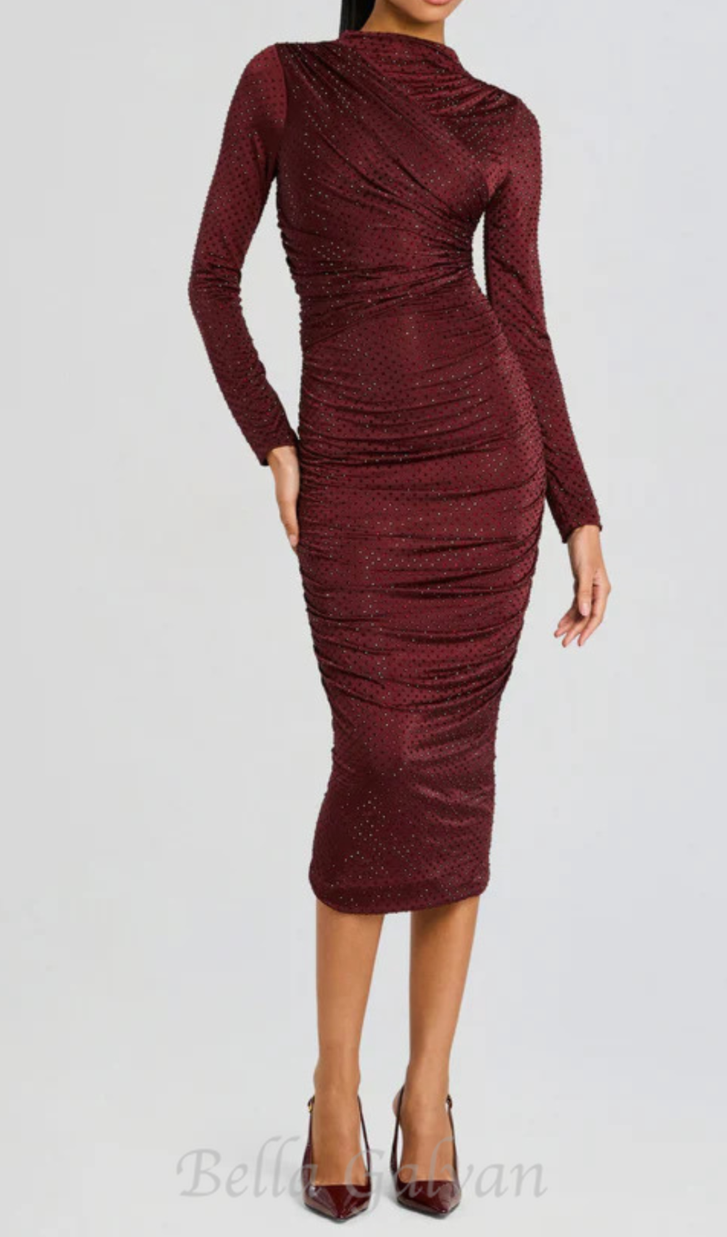 Diamond embellished pleated Midi Dress in merlot Flowering Girl