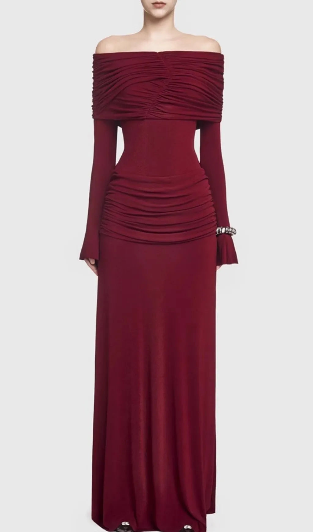 Gala Wine Off-Shoulder Ruched Long Sleeve Maxi Dress Flowering Girl