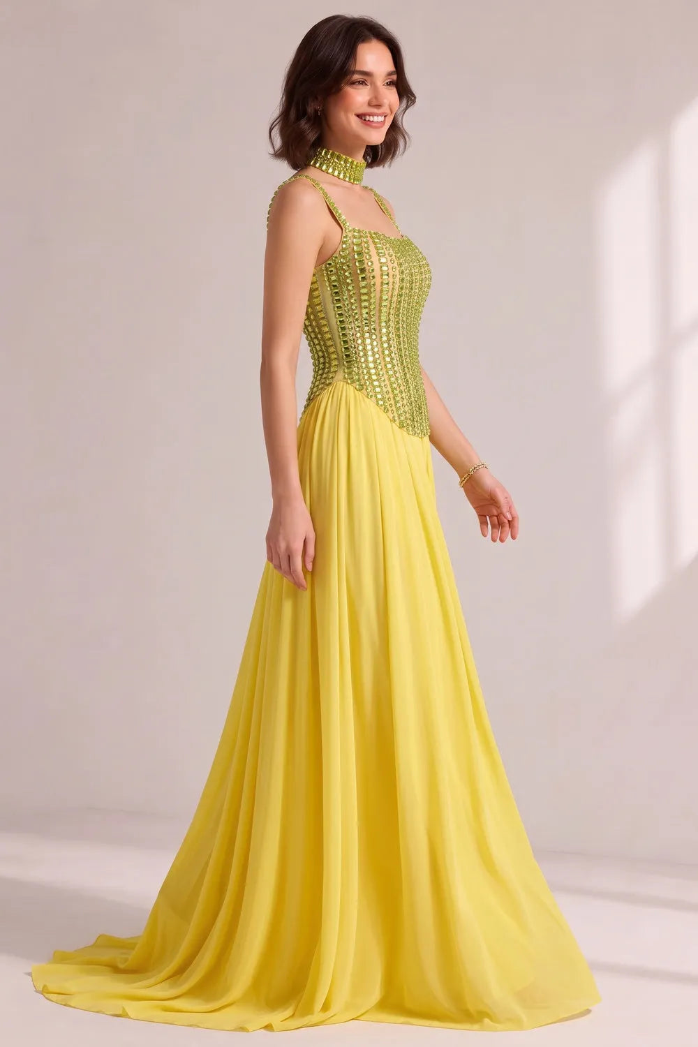 Lime Green Rhinestone Spaghetti Strap Choker Neck Pleated Chiffon Train Evening Gown Flowering Girl